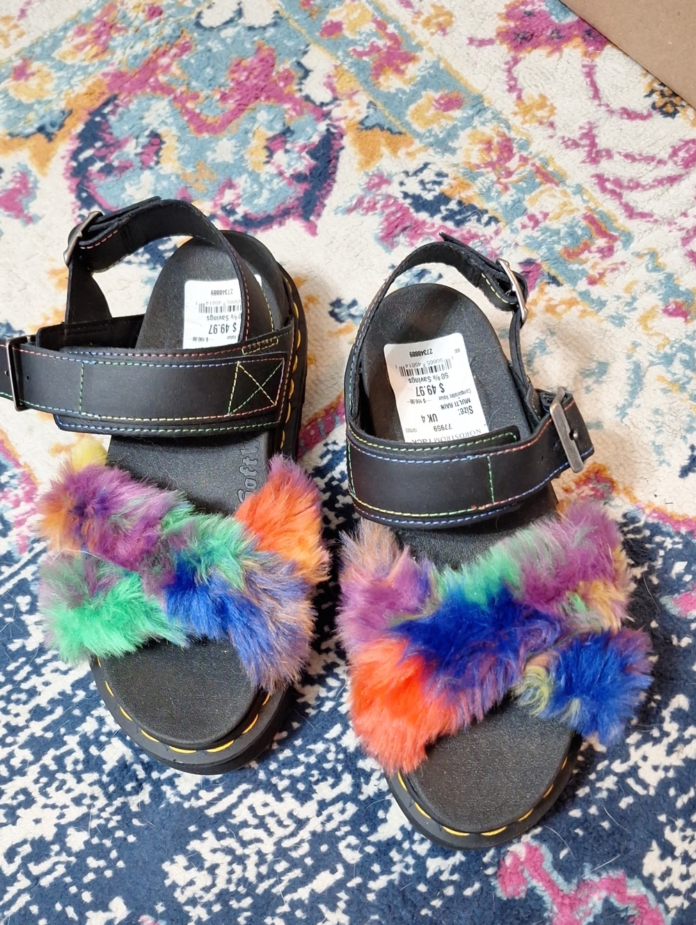 Girls' Rainbow Faux Fur Black Sandals with Adjustable Ankle Strap